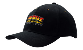 A black cap with a logo on the front, featuring embroidered text in yellow, red, and orange.