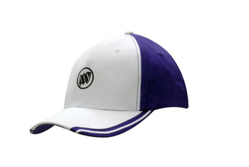 A white and purple brushed heavy cotton cap featuring an embroidered logo on the peak. A white and purple brushed heavy cotton cap featuring an embroidered logo on the peak.