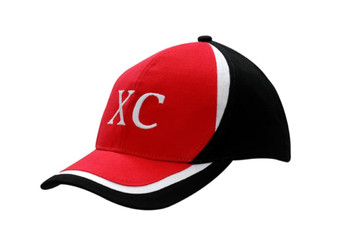 A red and black brushed heavy cotton cap with crown and peak inserts, featuring a white logo. A red and black brushed heavy cotton cap with crown and peak inserts, featuring a white logo.