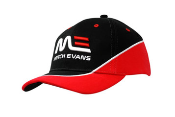 A black and red cap with embroidery on the crown and peak, featuring a logo on the front. A black and red cap with embroidery on the crown and peak, featuring a logo on the front.