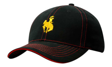 A black cap with red sandwich trim and contrast stitching, featuring a logo on the front.
