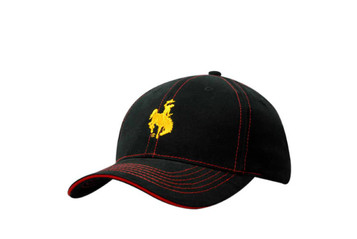 A black brushed cotton cap featuring yellow stitching and a logo, with a red sandwich trim on the peak. A black brushed cotton cap featuring yellow stitching and a logo, with a red sandwich trim on the peak.