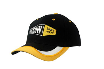 A black and yellow cap with a logo and fabric inserts, featuring embroidery on the peak. A black and yellow cap with a logo and fabric inserts, featuring embroidery on the peak.