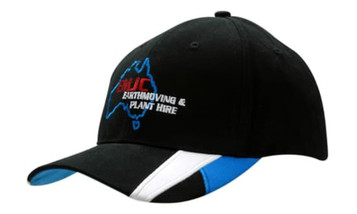 A black cap with blue peak inserts and white stripes, featuring an embroidered logo.