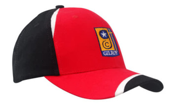 A red and black cap featuring fabric inserts on the crown and peak, with a logo on the front.