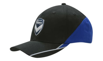 A black and blue cap featuring embroidered lines on the peak and a logo on the front.