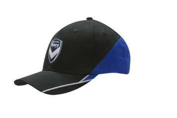 A black and blue cap with fabric inserts on the crown and peak, featuring embroidered lines and a logo. A black and blue cap with fabric inserts on the crown and peak, featuring embroidered lines and a logo.