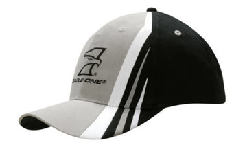 A cap featuring a grey and black design with white stripes and a logo on the front.