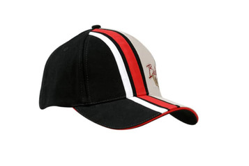 A black and beige cap featuring red and white stripes on the crown and peak, with a logo on the front. A black and beige cap featuring red and white stripes on the crown and peak, with a logo on the front.