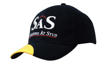 A navy cap with a yellow peak, featuring an embroidered logo on the front.