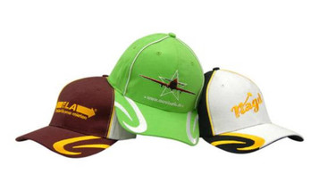 Three caps in maroon, green, and black featuring crown piping, peak swirl embroidery, and logos.