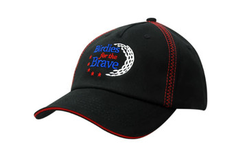 Black cap with red sandwich trim and zig zag crown stitching, featuring an embroidered logo. Black cap with red sandwich trim and zig zag crown stitching, featuring an embroidered logo.