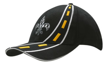 A black cap featuring road embroidery on the crown and peak, with yellow sandwich trim and a logo.