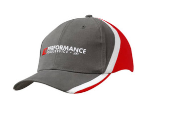 A grey cap with red and white stripes on the crown and peak, featuring a logo on the front. A grey cap with red and white stripes on the crown and peak, featuring a logo on the front.