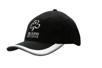 A black cap with a peak, featuring an embroidered logo and a white trim along the peak. A black cap with a peak, featuring an embroidered logo and a white trim along the peak.