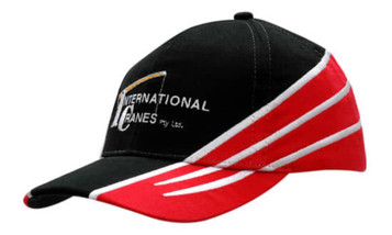 A black and red cap featuring fabric inserts and embroidery on the crown and peak, with a logo present.