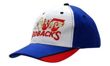 A cap featuring a white front with blue and red accents, adorned with musical notes and an embroidered logo.