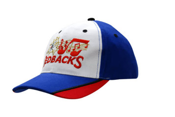 Brushed heavy cotton cap featuring blue, white, and red colours with embroidered design and logo. Brushed heavy cotton cap featuring blue, white, and red colours with embroidered design and logo.