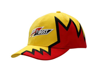 A yellow cap with red and black razor embroidery on the peak and crown, featuring a logo.
