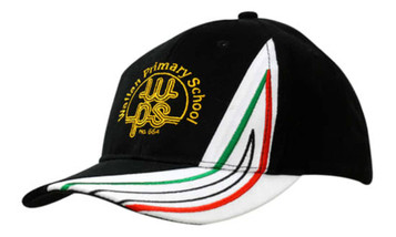 A black cap with a branded logo, featuring decorative stripes in red, green, and white on the peak.