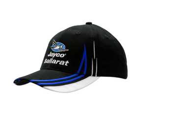 A black brushed heavy cotton cap with peak indents and embroidered logo, featuring blue and white accents. A black brushed heavy cotton cap with peak indents and embroidered logo, featuring blue and white accents.