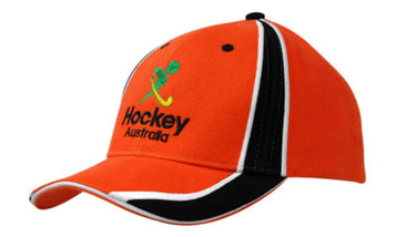 An orange cap featuring black trim and fabric inserts, with embroidery and a logo on the crown and peak.