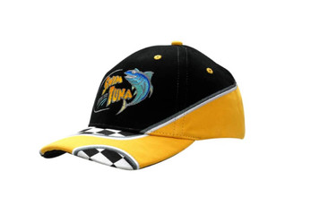 A black and yellow cap featuring an embroidered fish design and printed check patterns on the peak, with a logo. A black and yellow cap featuring an embroidered fish design and printed check patterns on the peak, with a logo.