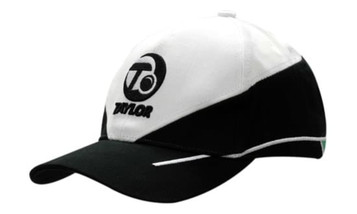 A black and white cap featuring embroidered lines and a logo on the front. Ideal for headwear promotion.