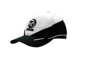 A black and white cotton cap with crown inserts and embroidered lines, featuring a logo on the front. A black and white cotton cap with crown inserts and embroidered lines, featuring a logo on the front.
