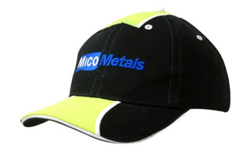 A black cap featuring fabric inserts in high visibility yellow, with a logo on the front.