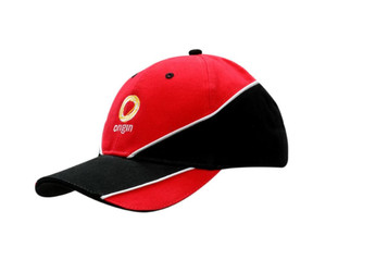 A red and black cap featuring fabric inserts and piping, with a logo on the front. A red and black cap featuring fabric inserts and piping, with a logo on the front.