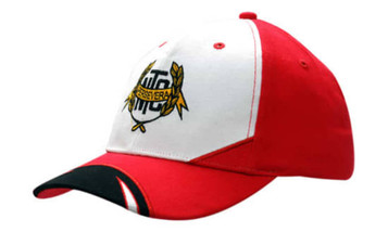 A red and white cap with a black peak, featuring an embroidered logo and crown inserts.