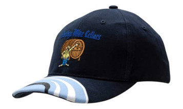A navy cap with an embroidered design and a striped peak insert, featuring a logo.