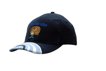 A navy cap with a peak insert and embroidered details, featuring a logo and a striped design on the peak. A navy cap with a peak insert and embroidered details, featuring a logo and a striped design on the peak.