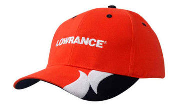An orange cap with a black peak trim and logo embroidery. Suitable for outdoor wear.
