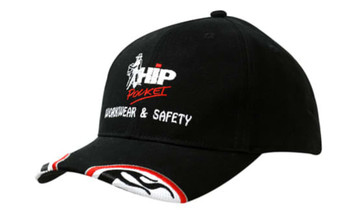 A black cap featuring mesh inserts and embroidery on the peak, with a logo on the front.