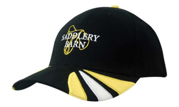 A black cap with fabric inserts in yellow, featuring a logo on the front and a multicoloured peak.