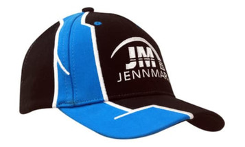A black and blue cap with embroidered logo on the crown and peak, featuring fabric inserts.