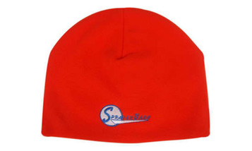A bright red micro fleece beanie with a logo featured on the side. It has a smooth, soft texture.