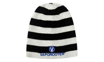 A striped beanie in black and white featuring a logo on the front.