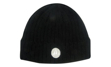 A black cable knit roll down beanie with a logo on the front.