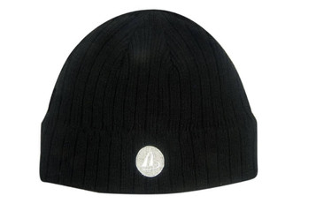 A black cable knit roll down beanie featuring a logo. The beanie has a textured design for warmth. A black cable knit roll down beanie featuring a logo. The beanie has a textured design for warmth.