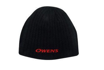 A black cable knit roll-down beanie with a logo in red. The beanie has a textured finish. A black cable knit roll-down beanie with a logo in red. The beanie has a textured finish.