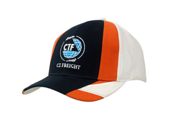 A navy, white, and orange cap featuring a logo and embroidered lines on the peak. A navy, white, and orange cap featuring a logo and embroidered lines on the peak.