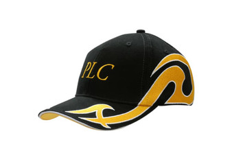 A black cap with a yellow sandwich trim and an embroidered design on the crown and peak, featuring a logo. A black cap with a yellow sandwich trim and an embroidered design on the crown and peak, featuring a logo.