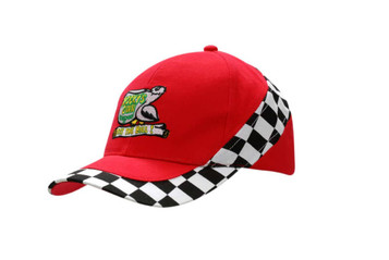 A red cap with printed check inserts on the crown and peak and a logo on the front. A red cap with printed check inserts on the crown and peak and a logo on the front.