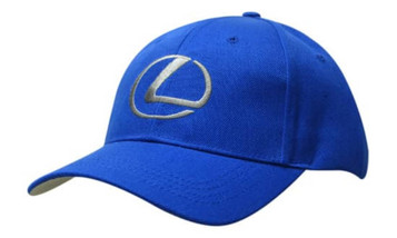 A blue cap featuring a logo and a contrasting peak under the brim.
