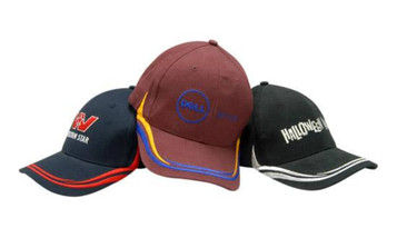 Three caps in various colours, including maroon, navy, and black, each featuring different embroidered logos.