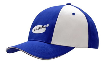 A blue and white cap with a curved brim and a logo on the front.