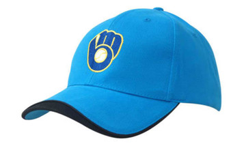 A blue cap with a contrasting black peak and a logo on the front. Made from brushed heavy cotton.